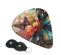 Butterfly flowers Art Printed Guitar Picks, 6 Pack with Leather Keychain Pick Holder - 0.46mm, 0.71mm, 0.96mm Assorted Thickness for Acoustic Ukulele, Electric Guitar, Acoustic Guitar, Bass