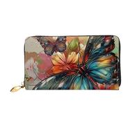 Butterfly Flowers Art Printed Leather Wallet for Men Women, Long Clutch Handbag with 12 Card Holder and 3 Money Clip