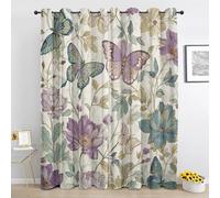 Butterfly Flowers Curtain for Living Room, Vintage Damask Blackout Curtains for Bedroom, Floral Purple Green Window Treatment Room Darkening Eyelet Drapes 90 x 108 Inch 2 Panels Cz811