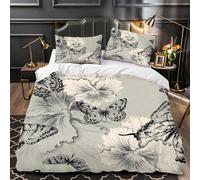 Butterfly Flowers King Size Duvet Cover Sets 3D Printed Vintage Grey Bedding Set Soft Brushed Microfiber Quilt Cover 230x220 cm with Zipper Closure for Teens and Adults with 2 Pillowcases n.1066