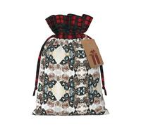 Butterfly Flowers Printing Color Matching Plaid Drawstring Christmas Bag With Kraft Tag 4.7x6.9 In For Halloween