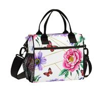 Butterfly Flowers Red Purple Lunch Bag for Women Men Reusable Insulated Lunch Box for Adult Kids Large Capacity Lunchbox Cooler Tote Bags with Adjustable Strap for Picnic Work Office Travel