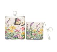 Butterfly Fluttering Around The Colorful Flowers Clear Plastic Candy Organizer Storage with lid Office Essentials Decorative storage bins for Cotton Swabs,Cotton Pads,Floss Picks,Paper Clips,s 2 Pack
