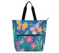 Butterfly Fluttering Around The Colorful Flowers Kids Tote Bags for Boys Girls Women, Gothic Water-resistant Heavy Duty Teacher Tote Bag Library Bag for School Work Travel Rainbow school