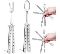 Butterfly Fork and Spoon Stainless Steel Set 2 Pcs, Reusable Spork for Travel Camping Hunting Outdoor Kitchen (Silver)