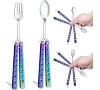 Butterfly Fork and Spoon Stainless Steel Set 2 Pcs, Reusable Spork for Travel Camping Hunting Outdoor Kitchen (Purple)