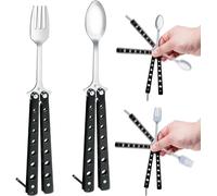 Butterfly Fork and Spoon Stainless Steel Set 2 Pcs, Reusable Spork for Travel Camping Hunting Outdoor Kitchen (Black)
