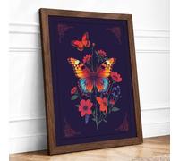 Butterfly Garden Symmetry Botanical Framed Wall Art Print A4 (29.7×21cm) Walnut, Wall Decor for Living Room, Bedroom, Office & Home, Ready to Hang, Art Gift