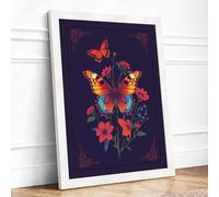 Butterfly Garden Symmetry Botanical Framed Wall Art Print A4 (29.7×21cm) White, Wall Decor for Living Room, Bedroom, Office & Home, Ready to Hang, Art Gift