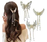 Butterfly Hair claw Clip Small Gold Metal with Fringe Hair Clips Women's Pearls Rhinestone Elegant Hair Accessory for Women and Girls (Pack of 3)