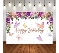 Butterfly Happy Birthday Backdrop Girls Purple Pink Floral Party Newborn Decorations Photography Background Banner Photo Prop 300x200cm