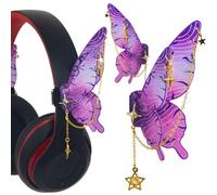 Butterfly Headphone Accessories Cute - 3D Acrylic Bows for Headphones with Gold Chains & Rhinestones, Velcro Fits Most Over-Ear Headphones(Purple)