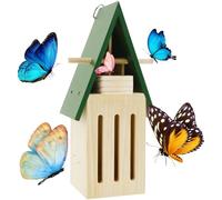 Butterfly House and Feeder Natural Wood Butterfly House Decorative Butterfly Shelter Safe Butterfly Habitat with Hooks Hang on Wall or Tree for Outdoor Garden Decor