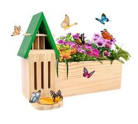 Butterfly House and Feeder with Flower Pot, Wooden Butterfly House for Garden, 3 in 1 with Drainage Holes, Natural Butterfly Habitat for Garden Decoration
