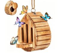 Butterfly House for Garden, Teardrop Shaped Wooden Butterfly Feeder with Hanging, Outdoor Butterfly Shelter, Weatherproof Garden Yard Decor, Natural Insect Pollinator House Ornament (1PCS)