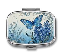 Butterfly Hyacinth Cluster Pill Box 2 Compartments Portable Travel Pill Case Mini Medicine Organizer for Pocket Purse Metal Waterproof Medicine Container Holder Vitamin Fish Oil
