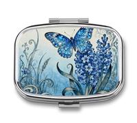 Butterfly Hyacinth Cluster pilldispenser with Mirror 2 Compartments Waterproof PillCase for Purse Pocket Non-Slip Grip Travel Medicine Organizer Container Box for Vitamin Fish Oil Supplement