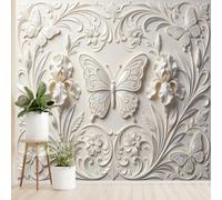 Butterfly Iris Flower Wall Mural 3D Floral Relief Scrollwork Pattern Non-Woven Wallpaper Elegant Baroque Style Botanical Wall Covering 130 x 80 cm Ivory Cream Feature Walls Decor for Living Room Bed