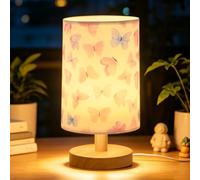 Butterfly Kids Table Lamp, 3-Level Dimmable Bedside LED Light with Linen Fabric Shade Solid Wood Base, Pastel Butterfly Bedroom Decor Nightstand Lamp, Gift for Boys Girls Nursery Living Room Reading