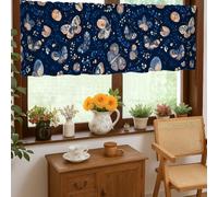 Butterfly Kitchen Curtains, Nature Modern Floral Leaf Spring Navy Rod Pocket Window Valance for Laundry Room Sink Area Hallway Apartment Window Decor 18x52 Inch