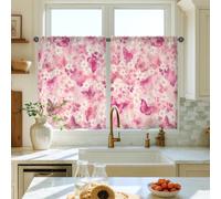 Butterfly Kitchen Curtains, Spring Floral Flower Blossom Spring Peach Light Filtering Kitchen Curtains for Laundry Room Sink Area Hallway Apartment Window Decor 28x39 Inch