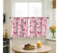 Butterfly Kitchen Curtains, Spring Floral Flower Blossom Spring Peach Tiered Kitchen Window Curtain Set for Window Curtains Over Sink 24x26 Inch