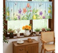 Butterfly Kitchen Curtains, Spring Floral Flower Lemon Spring Blue Single Panel Valance for Window for Small Rv Sink Area Narrow Window 18x52 Inch