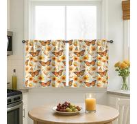 Butterfly Kitchen Curtains, Spring Nature Flower Leaf Spring Orange Tiered Kitchen Window Curtain Set for Laundry Room Sink Area Hallway Apartment Window Decor 26x30 Inch