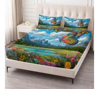 Butterfly Lake Flower Field Fitted Sheet Set Single Size 90x190 cm 3 Piece Microfiber Bed Sheets | Nature Landscape Soft Sheets, 12 inch Extra Deep Pocket with Elastic Corner Straps, Easy Care