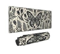 Butterfly Large Mouse Pad, Botanical Vintage Tulips Ferns Spring Black Rubber Smooth Aesthetic Long Keyboard Mat Decor for Home Office Work Gaming Desk 12x32 Inch