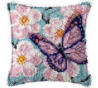 Butterfly Latch Hook Kit DIY Pillow Cover Making Craft with Butterfly Pattern Printed Canvas Crochet Yarn Kit for Kids Adults 17''X17''