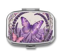 Butterfly Lavender Spike Pill Box 2 Compartments Portable Travel Pill Case Mini Medicine Organizer for Pocket Purse Metal Waterproof Medicine Container Holder Vitamin Fish Oil