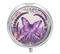 Butterfly Lavender Spike Pill Box 3 Compartments Portable Travel Pill Case Mini Medicine Organizer for Pocket Purse Metal Waterproof Medicine Container Holder Vitamin Fish Oil