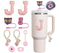 Butterfly Letter J Straw Covers Cap for Stanley Cup, Cute Silicone Straw Toppers for Tumblers with Heart Letter Butterfly Charms Personalized, for Stanley Cup Accessories (J)