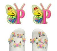 Butterfly Letter Shoe Charms for Clog Sandals, 2Pcs Cute Shoe Decoration Charms for Women, DIY Decoration Charms for Clogs, Holey Shoes, Bracelet Wristband,Party Gift for Girls, Teens., Fluorescent-P