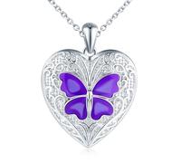 Butterfly Locket Necklace for Women That Holds Pictures: 925 Silver Heart Photo Pendant Necklaces for Girls-Hypoallergenic Locket Necklace with Picture-Aesthetic Jewelry Lockets Gifts for Her Purple