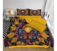 Butterfly Mandala Duvet Cover Set - Double 200x200cm - Psychedelic Art Quilt Cover Reversible Bedding Sets Bedroom Set with Pillowcases and Zipper Closure, Mustard Yellow
