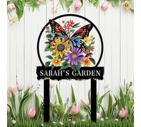 Butterfly Metal Sign Custom Garden with Stake,Personalized Gardener Name Signs Welcome Plaque for Outside,Sunflower Customized Birthday Gardening Gifts,Flowers Decor for Lawn Yard Porch Patio Outdoor