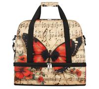 Butterfly Music Sheet Flower Foldable Travel Duffel Bag Large Capacity Sports Gym Bag with Wet Dry Compartment Shoe Pocket Lightweight Carry On Overnight Weekender Bag for Women Men