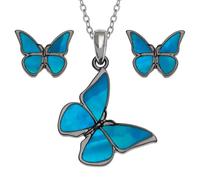 Butterfly Necklace and Earrings Set for Women - Blue Morpho Design with Mother of Pearl Shell, Sterling Silver Tone, Gift Boxed Nature-Inspired Jewellery Gift for Her