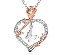 Butterfly Necklaces for Women Rose Heart Initial Necklace Dainty Love Letter Necklace Initial Pendant Christmas Valentine's Day Trendy Butterfly Jewelry Gifts for Mom Wife, Gold Plated, Cubic Zirconia