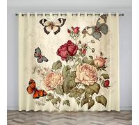 Butterfly Net Curtains for Windows Flower Blackout Curtains, 3D Printed Drape Insulated Curtains, 2 Pack with Hooks, Removable and Washable for Bedroom Living Room Kitchen Pavilion