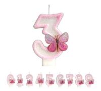 Butterfly Number 3 Candles, Pink 3st Birthday Candles for Cake, Handmade Glitter Shiny Happy Birthday Cake Topper - Perfect for Themed Birthday Parties
