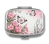Butterfly Oleander Cluster Pill Box 2 Compartments Portable Travel Pill Case Mini Medicine Organizer for Pocket Purse Metal Waterproof Medicine Container Holder Vitamin Fish Oil