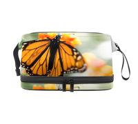 Butterfly on a Flower Double Layer Cosmetic Bag for Women and Girls, Travel Toiletry Bag Makeup Handy Pouch Organiser Bag with Brush Compartment