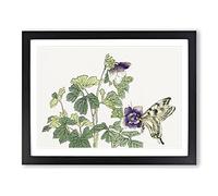 Butterfly On A Purple Flower By Morimoto Toko Asian Japanese Framed Wall Art Print, Ready to Hang Picture for Living Room Bedroom Home Office Décor, Black A4 (34 x 25 cm)