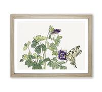 Butterfly On A Purple Flower By Morimoto Toko Asian Japanese Framed Wall Art Print, Ready to Hang Picture for Living Room Bedroom Home Office Décor, Oak A4 (34 x 25 cm)