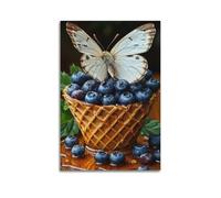Butterfly on Blueberries Wall Art, Artistic Print, Fantasy Poster, Mystical Canvas Picture, Creative Decor for Living Room Bedroom Study Artistic Wall Mural Modern Hanging Decor Poster20x30inch(50x75c