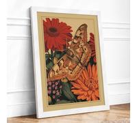 Butterfly on Dahlias Botanical Framed Wall Art Print A2 (59.4×42cm) White, Wall Decor for Living Room, Bedroom, Office & Home, Ready to Hang, Art Gift