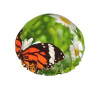 Butterfly On Daisy Flower Print Shower Cap, Lined Shower Cap For Women Reusable, Double Layer Waterproof Bath Cap